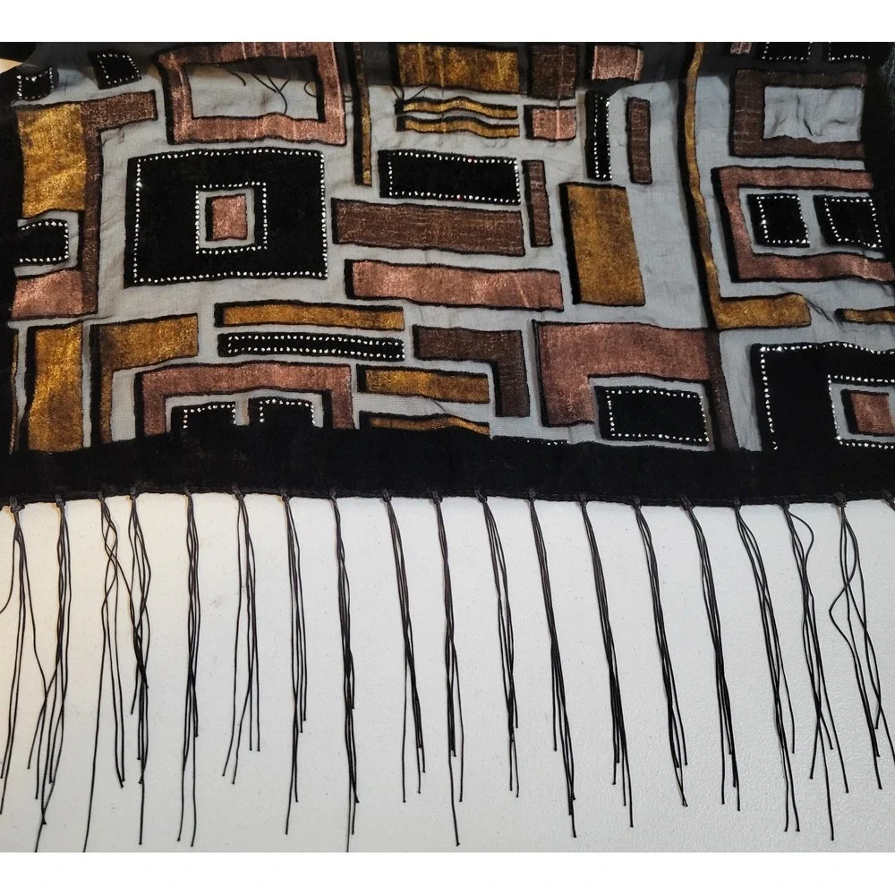 Silk Viscose Women's Scarf Black Brown Rhinestone Shawl 59